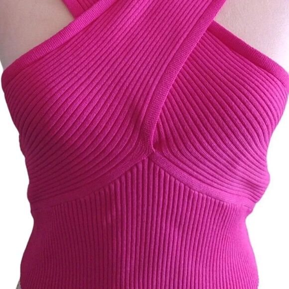 House of Harlow 1960 Hot Pink Ribbed Cross Over Halter Crop Top Large NWT - Picture 6 of 17